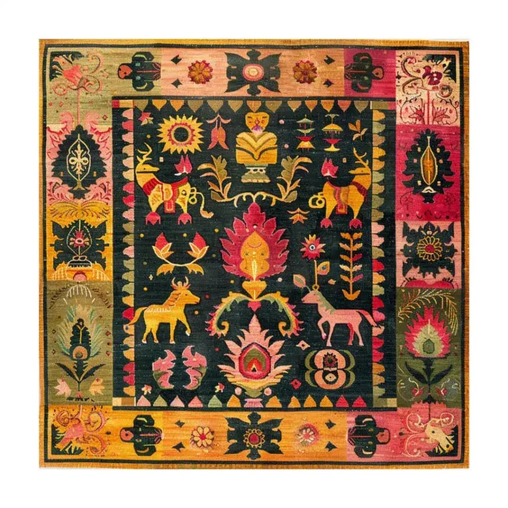 A vibrant, vintage Swedish tapestry wool area rug with intricate patterns and colorful motifs, perfect for adding character to a living room. This large square area rug features a variety of traditional designs in rich hues, making it an eye-catching centerpiece in any living room setting.