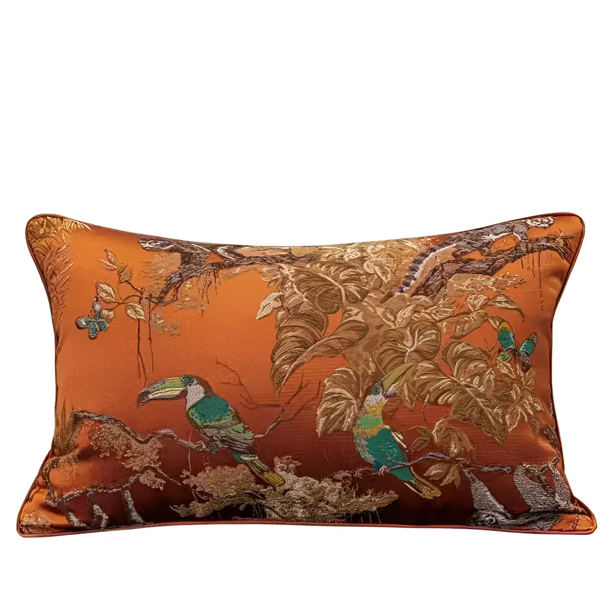 Vintage toucan jacquard throw pillow cover featuring vibrant colors and intricate designs of toucans and foliage, perfect for home decor.