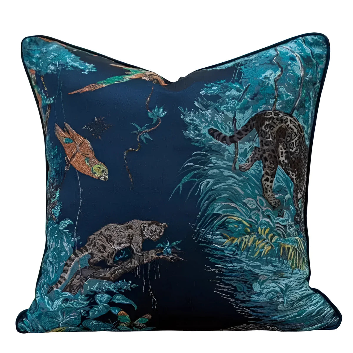 Vintage Jacquard throw pillow cover featuring a vibrant toucan and jungle scene, ideal for adding a touch of exotic decor to any living space.