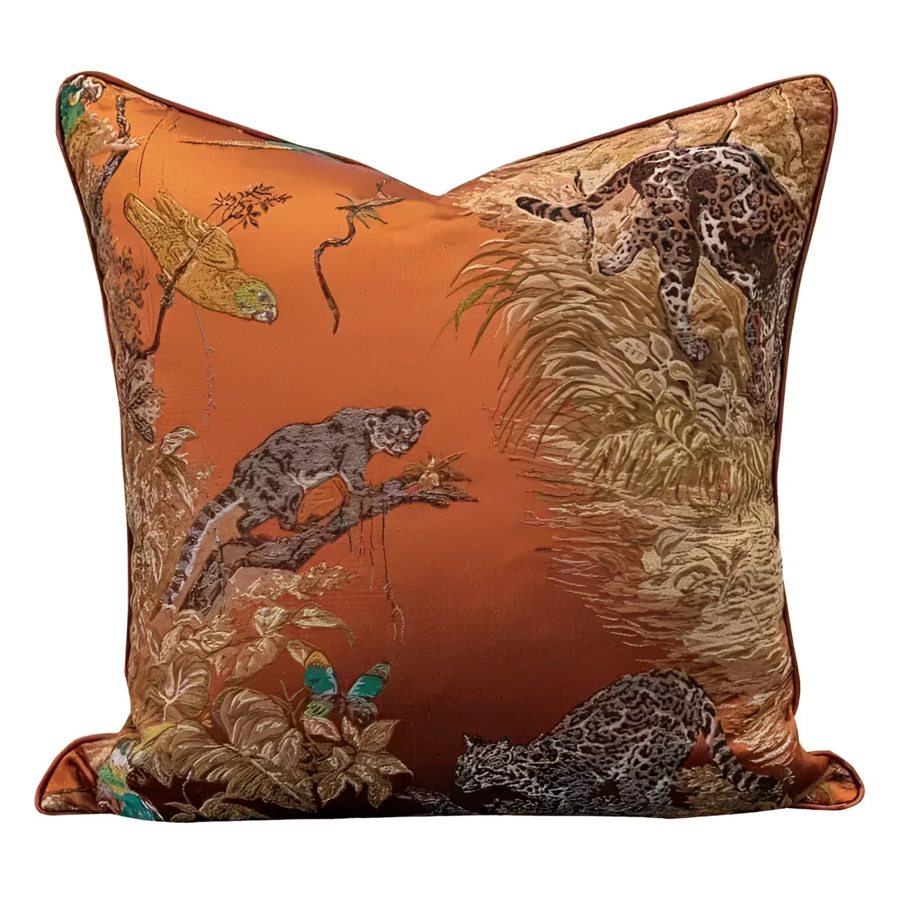 Vintage toucan jacquard throw pillow cover featuring intricate animal and foliage designs on a rich orange background.