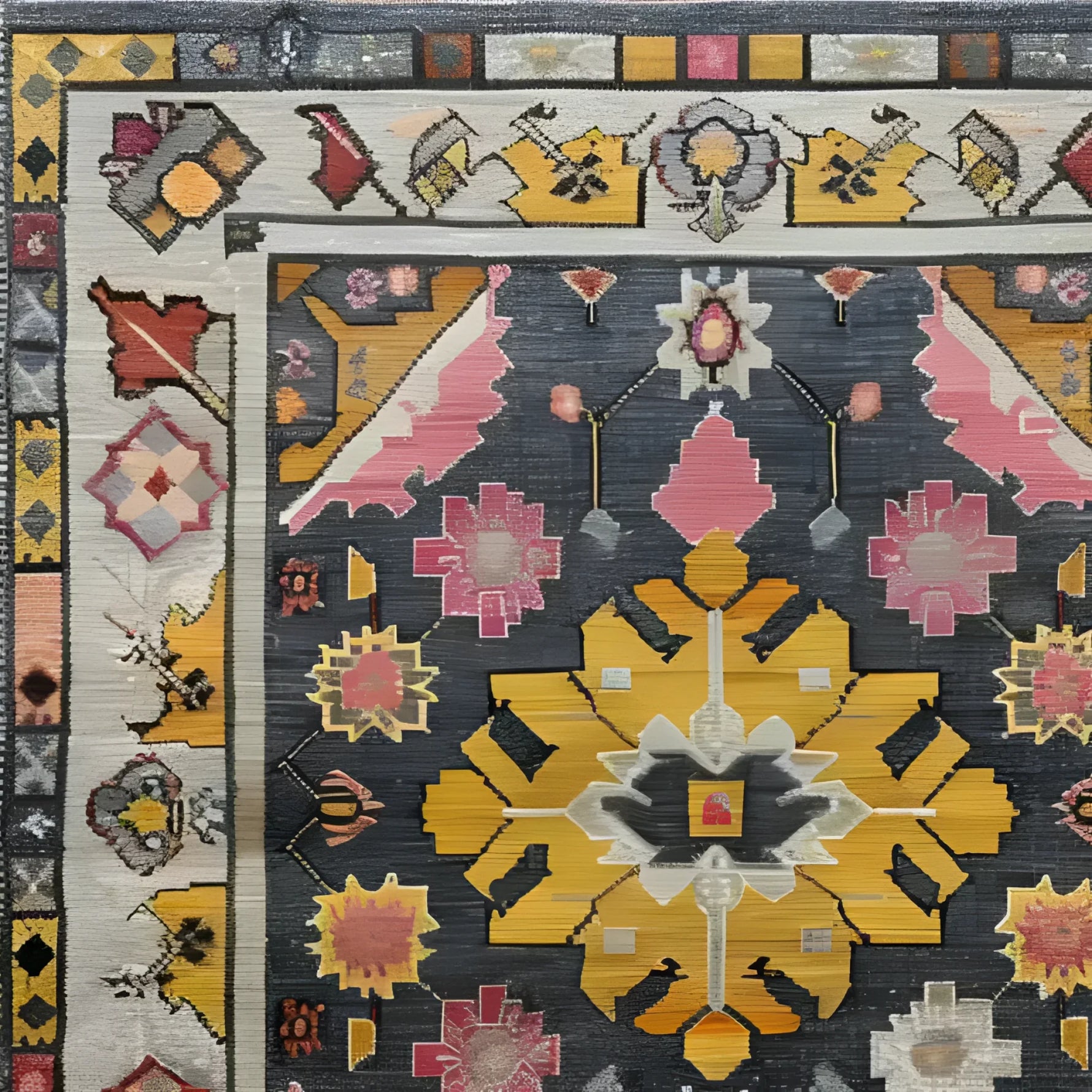 A beautifully intricate vintage tribal hand-knotted area rug featuring vibrant geometric patterns in hues of pink, yellow, and gray. This Persian rug is perfect for adding a touch of elegance to large living rooms, showcasing a harmonious blend of traditional and contemporary design elements.