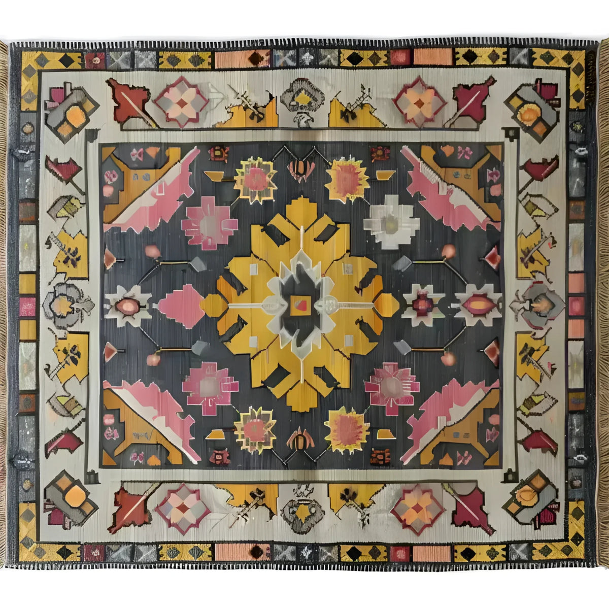 A beautifully intricate Vintage Tribal Hand Knotted Area Rug showcasing a vibrant design with bold geometric patterns. This Persian-inspired vintage rug features a rich palette of yellow, pink, and gray, making it a perfect large living room rug. Ideal for those seeking unique area rugs for their living space.