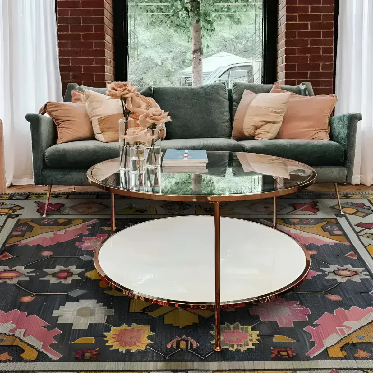 A cozy living room featuring a Vintage Tribal Hand Knotted Area Rug with vibrant patterns, perfect for adding a touch of elegance to your space. This large living room rug showcases intricate designs reminiscent of Persian rugs, creating a warm and inviting atmosphere. Ideal for those seeking vintage rugs to enhance their home decor.