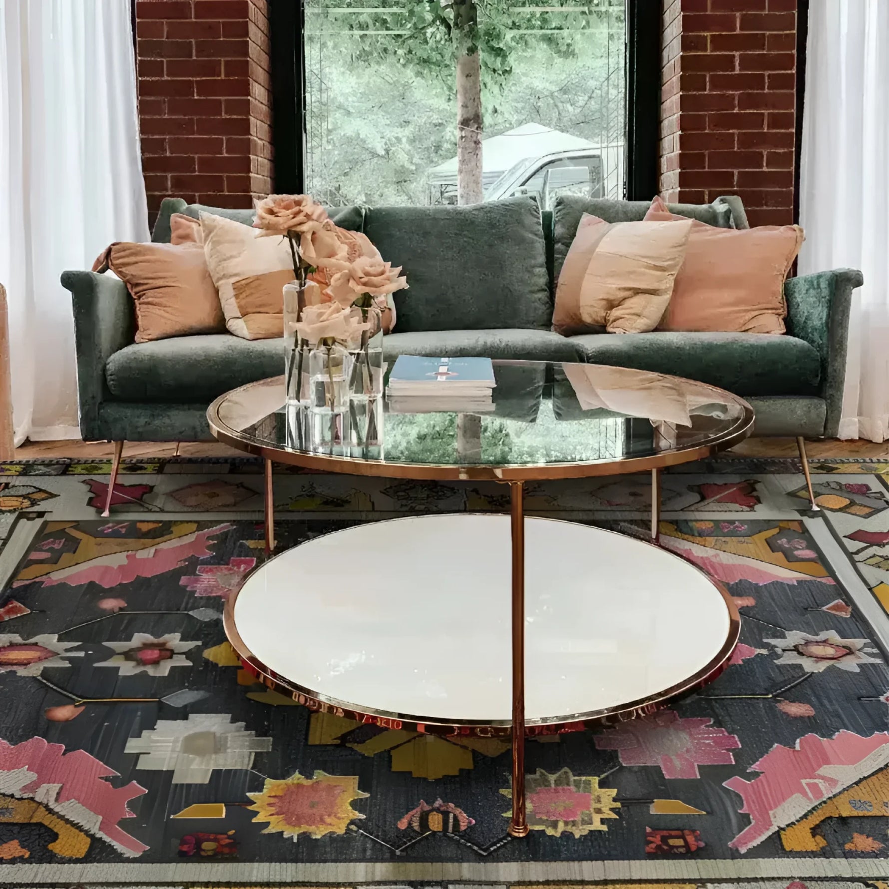 A cozy living room featuring a Vintage Tribal Hand Knotted Area Rug with vibrant patterns, perfect for adding a touch of elegance to your space. This large living room rug showcases intricate designs reminiscent of Persian rugs, creating a warm and inviting atmosphere. Ideal for those seeking vintage rugs to enhance their home decor.