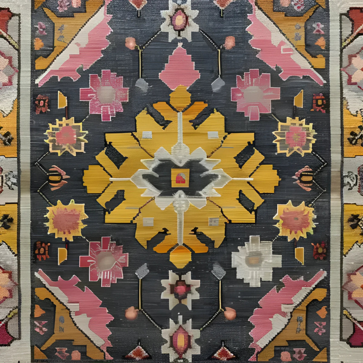 A beautifully crafted Vintage Tribal Hand Knotted Area Rug featuring a stunning geometric pattern with vibrant colors like yellow, pink, and grey. This exquisite Persian rug is perfect for those seeking a vintage rug to elevate their living space, making it an ideal choice for area rugs in the living room or large living room rugs.