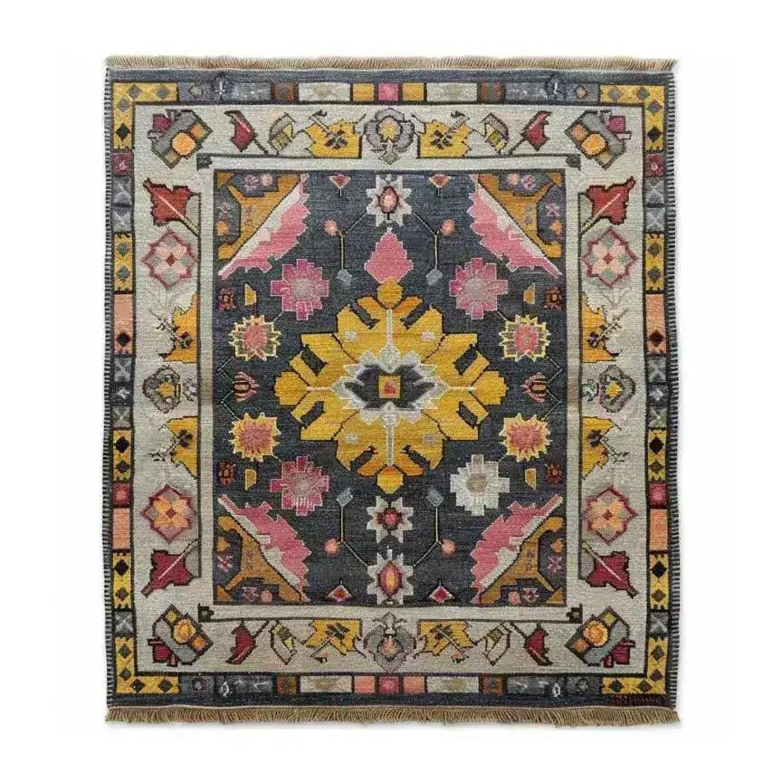 Vintage Tribal Hand Knotted Area Rug featuring a vibrant design with bold geometric patterns in shades of yellow, pink, and gray. This Persian rug adds a touch of elegance to any living room, making it an ideal choice for those seeking large living room rugs with a vintage appeal.