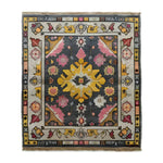 Vintage Tribal Hand Knotted Area Rug featuring a vibrant design with bold geometric patterns in shades of yellow, pink, and gray. This Persian rug adds a touch of elegance to any living room, making it an ideal choice for those seeking large living room rugs with a vintage appeal.