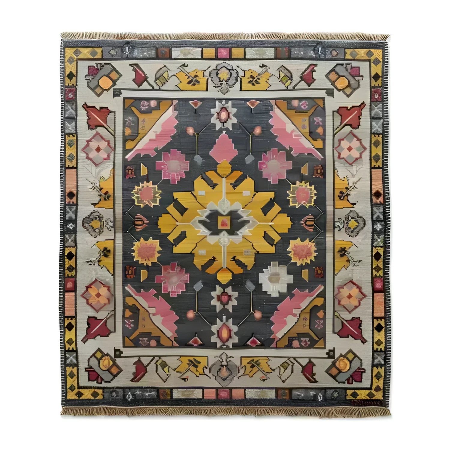 Vintage Tribal Hand Knotted Area Rug featuring a vibrant design with bold geometric patterns in shades of yellow, pink, and gray. This Persian rug adds a touch of elegance to any living room, making it an ideal choice for those seeking large living room rugs with a vintage appeal.