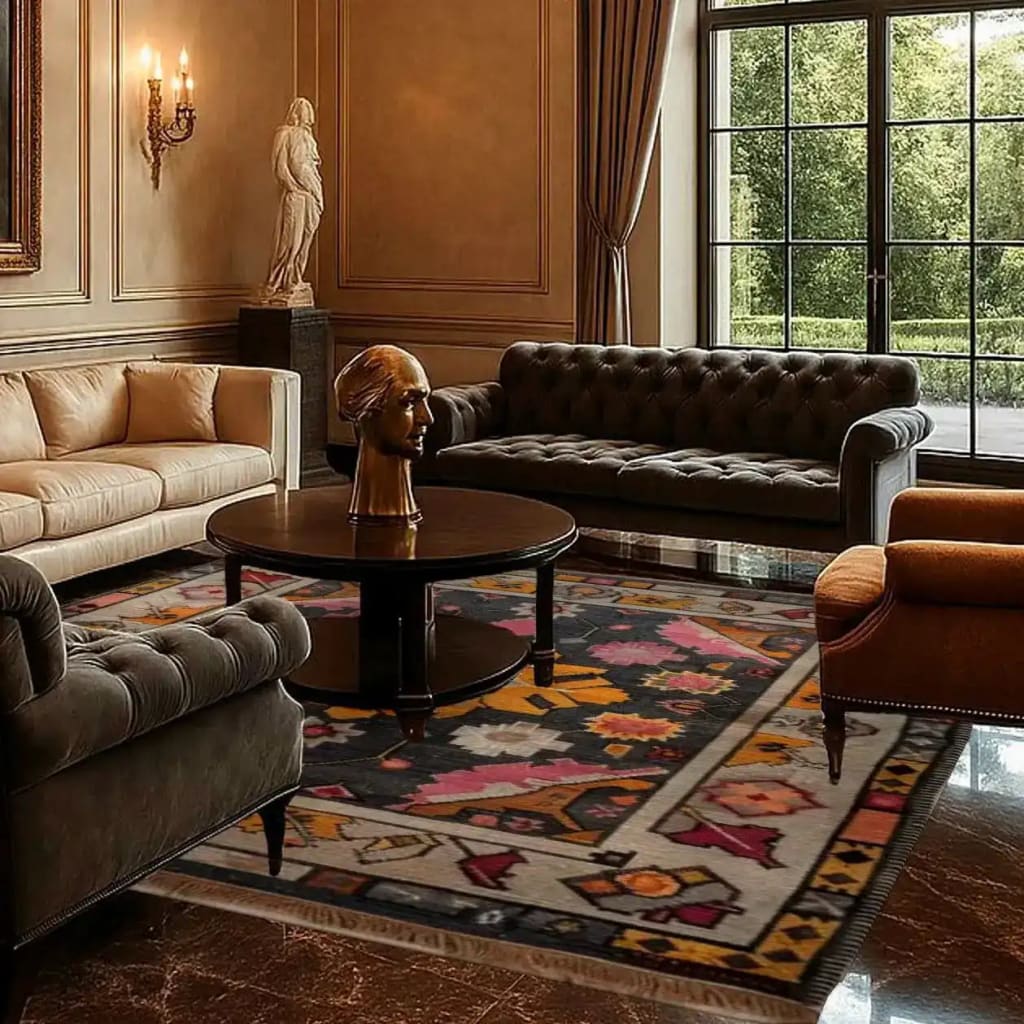 A luxurious living room features a Vintage Tribal Hand Knotted Area Rug with intricate patterns, adding a touch of elegance to the space. The vibrant colors of this Persian rug complement the classic furniture, making it ideal for those seeking large living room rugs with a vintage flair.