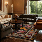 A luxurious living room features a Vintage Tribal Hand Knotted Area Rug with intricate patterns, adding a touch of elegance to the space. The vibrant colors of this Persian rug complement the classic furniture, making it ideal for those seeking large living room rugs with a vintage flair.