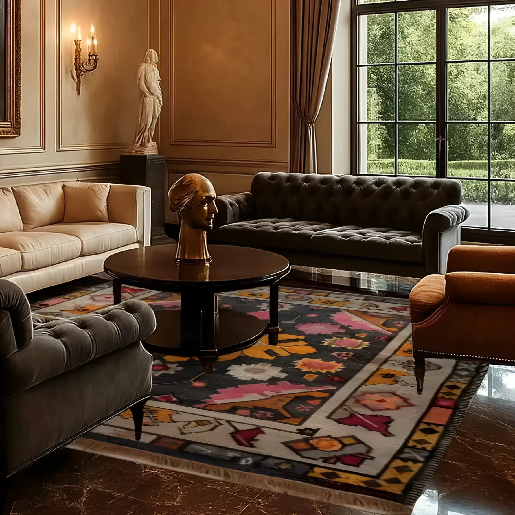 A luxurious living room features a Vintage Tribal Hand Knotted Area Rug with intricate patterns, adding a touch of elegance to the space. The vibrant colors of this Persian rug complement the classic furniture, making it ideal for those seeking large living room rugs with a vintage flair.