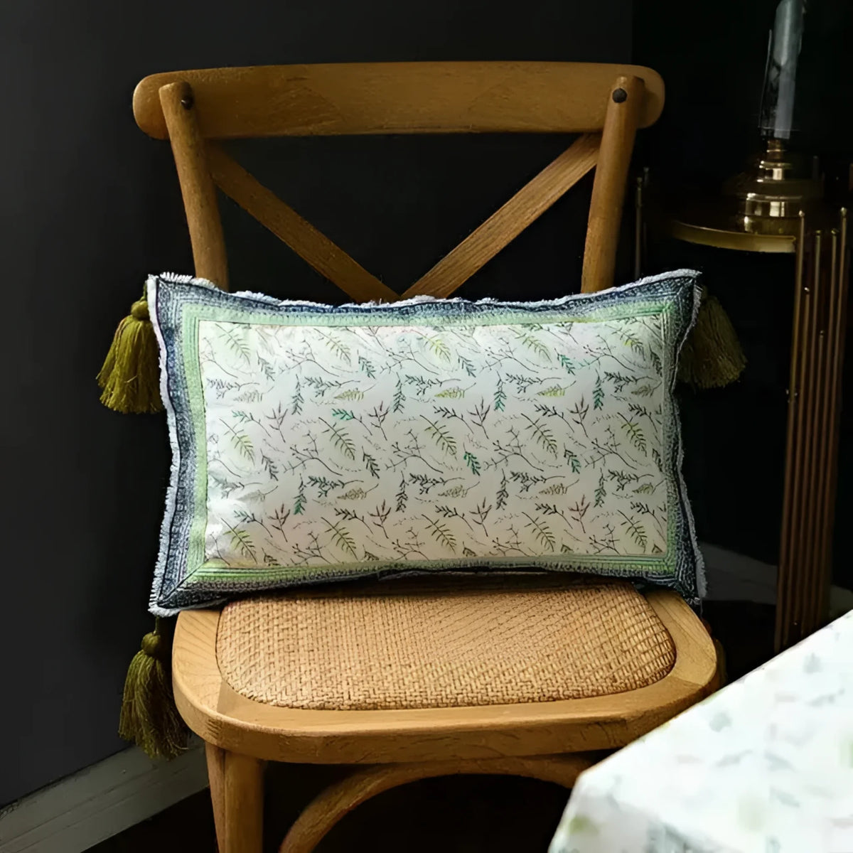 Vintage Velvet Floral Cushion Cover with Tassels Green Spring Lumbar Cover