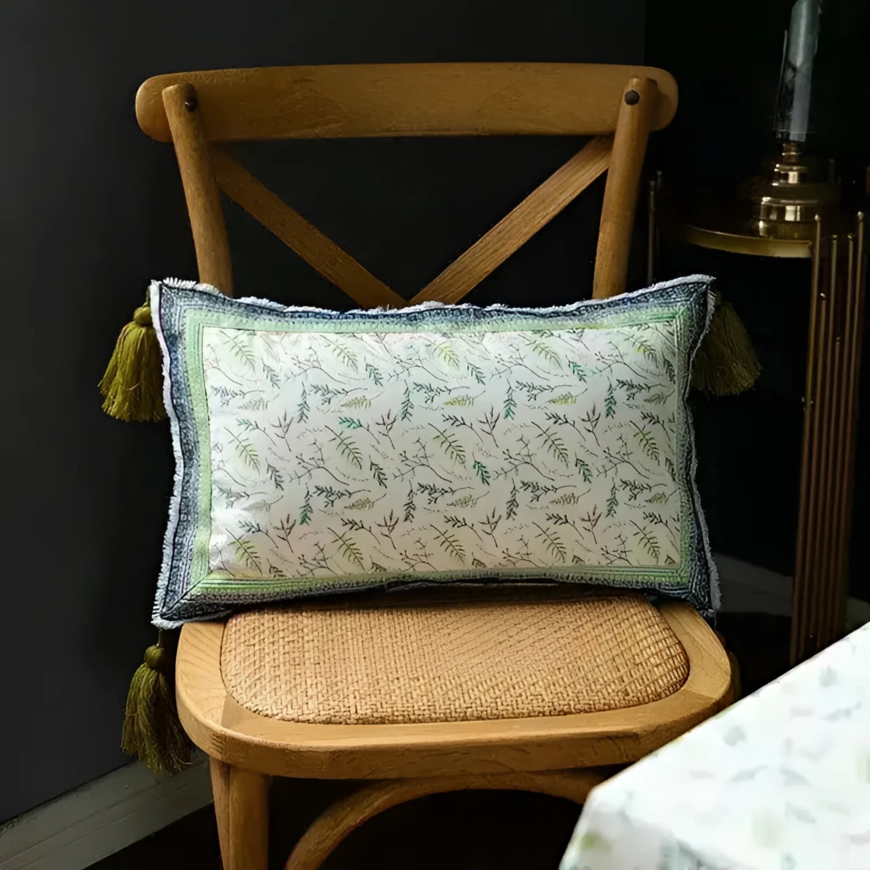 Vintage Velvet Floral Cushion Cover with Tassels Green Spring Lumbar Cover