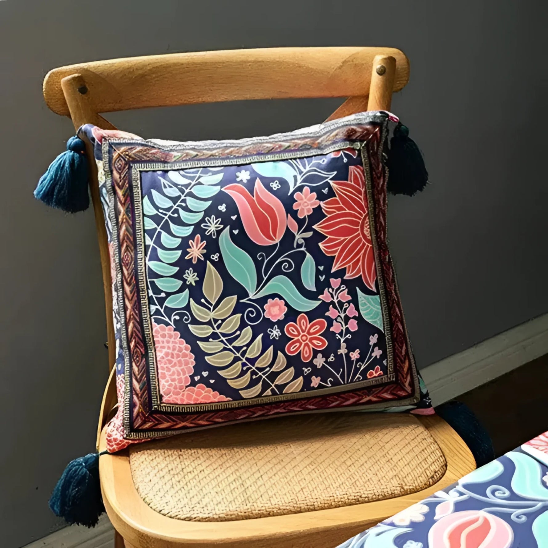 Vintage Velvet Floral Cushion Cover with Tassels Floral Throw Pillow Cover