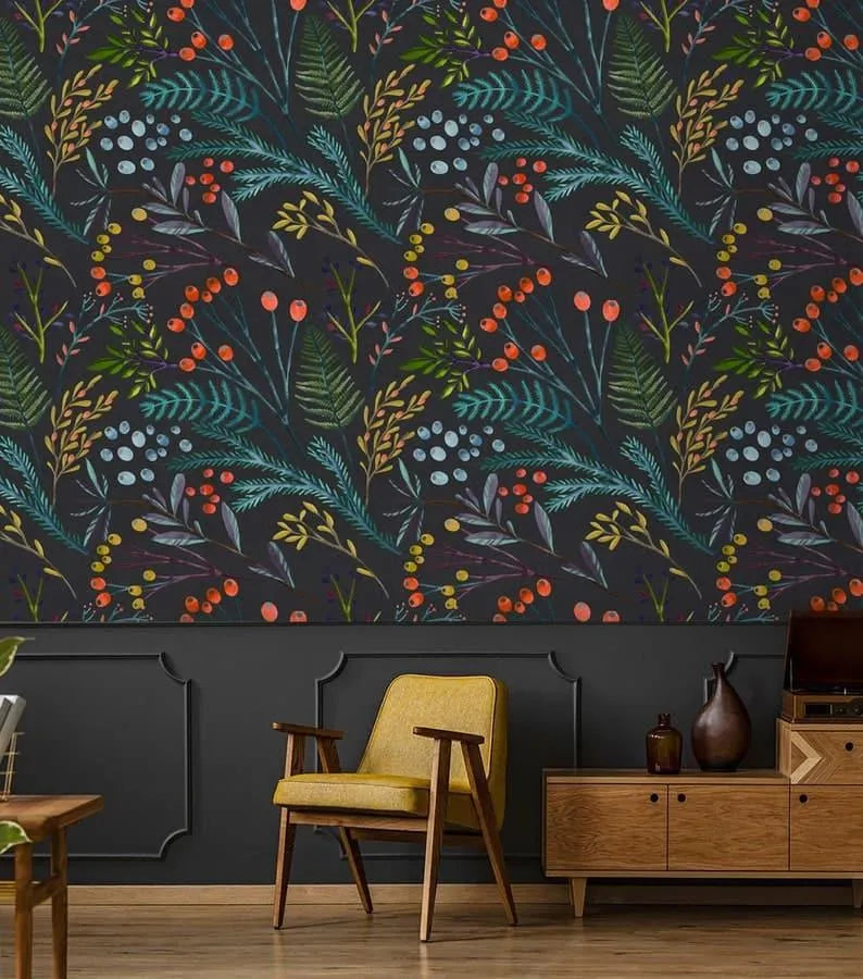 Vintage Willows Leaves and Flowers on Dark Wallpaper Vintage Willows Leaves and Flowers on Dark Wallpaper 