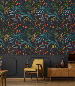 Vintage Willows Leaves and Flowers on Dark Wallpaper | MAIA HOMES