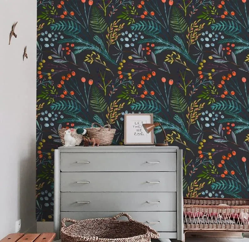 Vintage Willows Leaves and Flowers on Dark Wallpaper