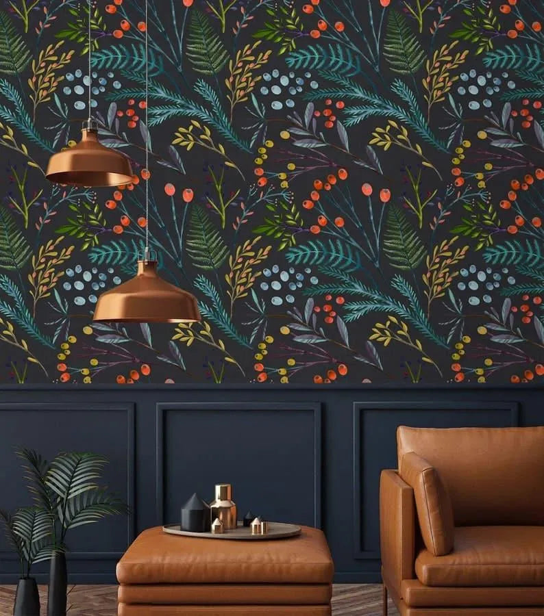 Vintage Willows Leaves and Flowers on Dark Wallpaper