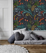 Vintage Willows Leaves and Flowers on Dark Wallpaper