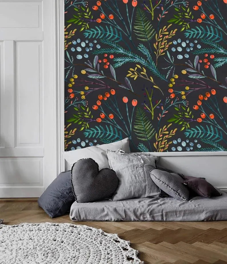 Vintage Willows Leaves and Flowers on Dark Wallpaper