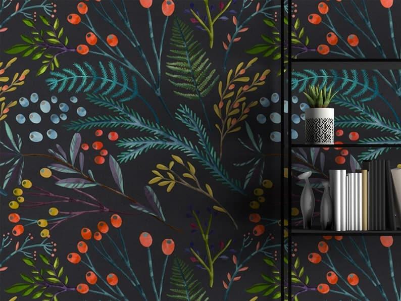 Vintage Willows Leaves and Flowers on Dark Wallpaper 