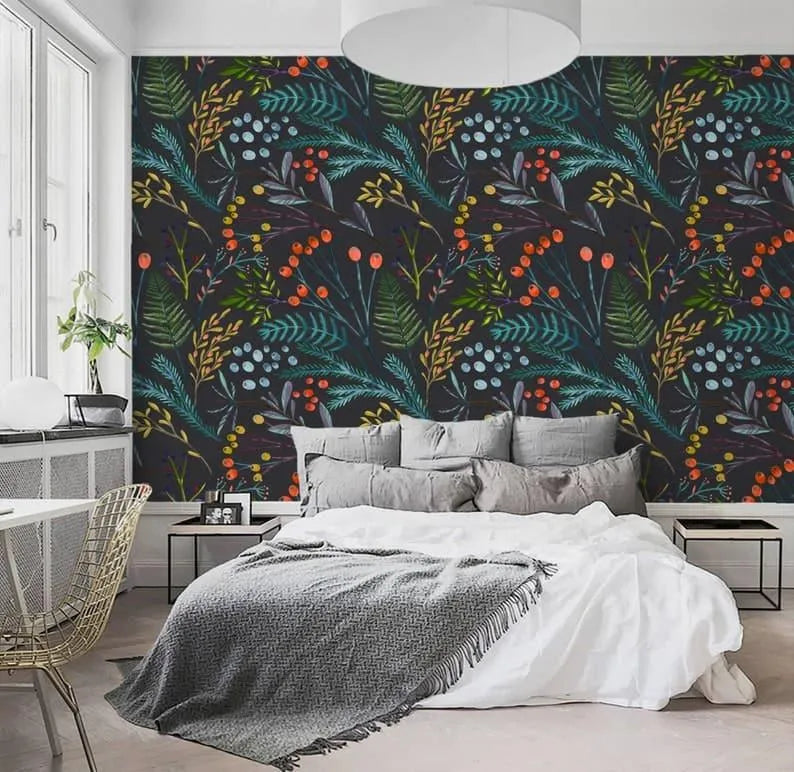 Vintage Willows Leaves and Flowers on Dark Wallpaper