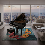 Modern living room with a grand piano and cityscape view