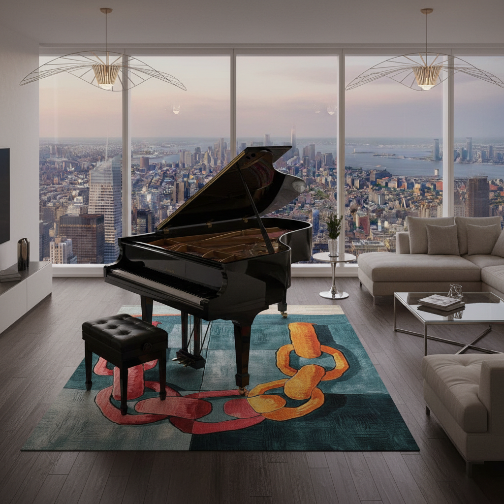 Modern living room with a grand piano and cityscape view