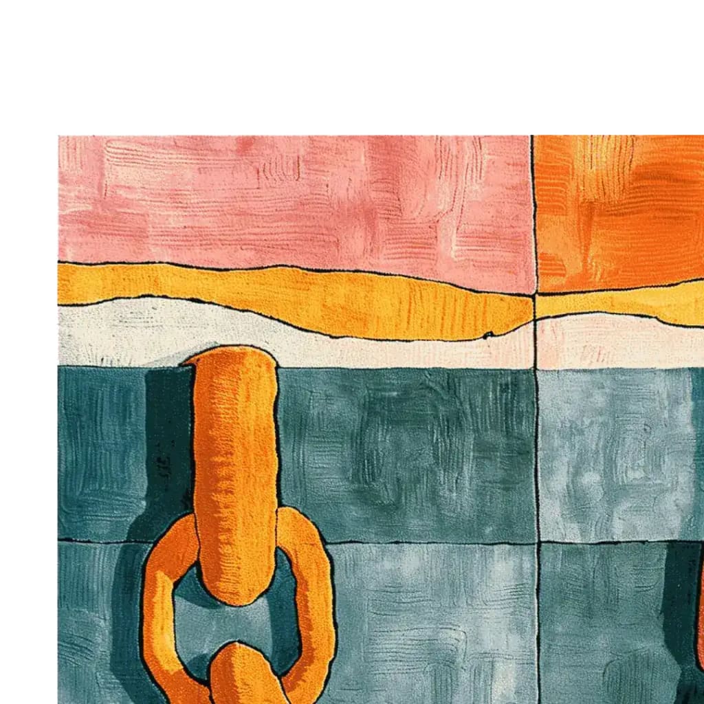 A vibrant and contemporary wool rug featuring abstract geometric patterns in shades of pink, orange, teal, and cream. This square area rug is perfect for adding a splash of color to your living room or dining room, serving as an eye-catching centerpiece under a dining table.