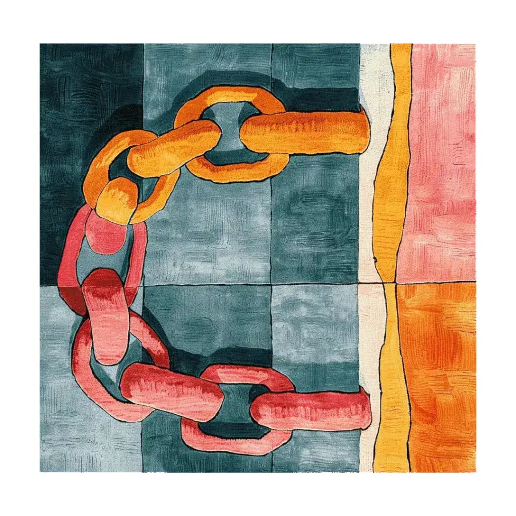 A vibrant, contemporary wool area rug featuring a bold design of interlocking orange and pink chains on a blue and orange checkered background. Perfect for adding a pop of color to living rooms or dining rooms, this square rug is ideal under a dining table as a striking dining room rug.