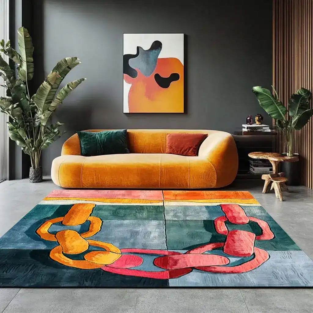 A vibrant and contemporary square area rug featuring an abstract chain design in bold colors, perfect for adding a modern touch to living rooms and dining rooms. This hand-tufted wool rug complements the decor with its eye-catching design and is ideal as a dining table rug or a statement piece in a dining room.