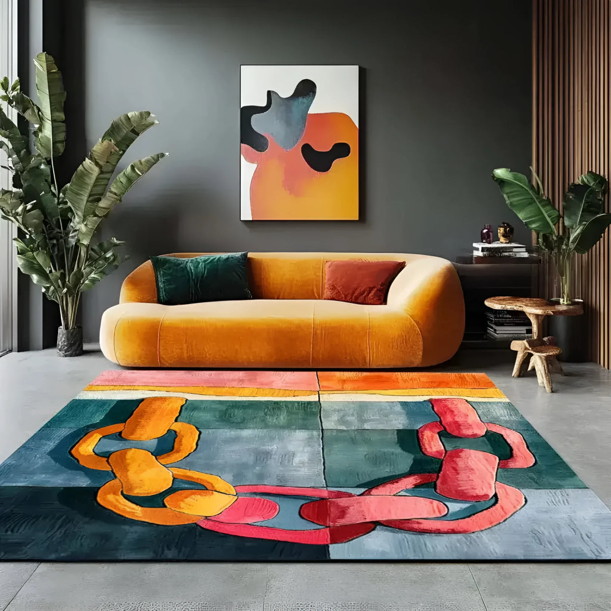 A vibrant and contemporary square area rug featuring an abstract chain design in bold colors, perfect for adding a modern touch to living rooms and dining rooms. This hand-tufted wool rug complements the decor with its eye-catching design and is ideal as a dining table rug or a statement piece in a dining room.