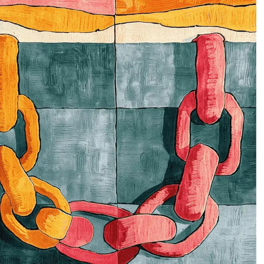 Vivid Chains Hand Tufted Rug showcasing a striking abstract design of interlocked colorful chains in red, orange, and pink tones against a textured blue background. This contemporary square area rug is perfect for adding a modern touch to living rooms and dining rooms as a stylish wool rug under a dining table.