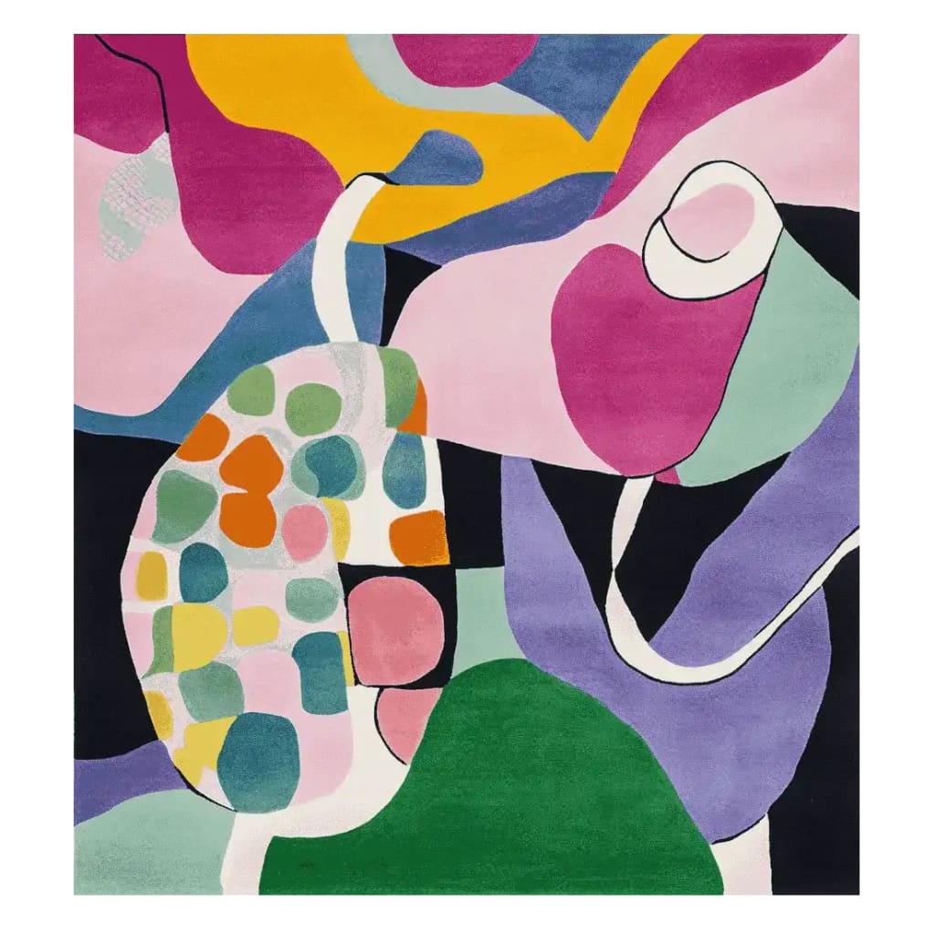 A vibrant square area rug featuring an abstract design with bold colors like pink, yellow, green, and blue. This wool rug is perfect for adding a contemporary touch to any living room, offering a mix of geometric shapes and lively patterns.