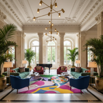 Luxurious interior of a hotel lobby with colorful rug, modern furniture, and decorative plants.