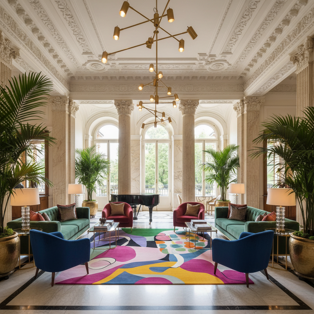 Luxurious interior of a hotel lobby with colorful rug, modern furniture, and decorative plants.