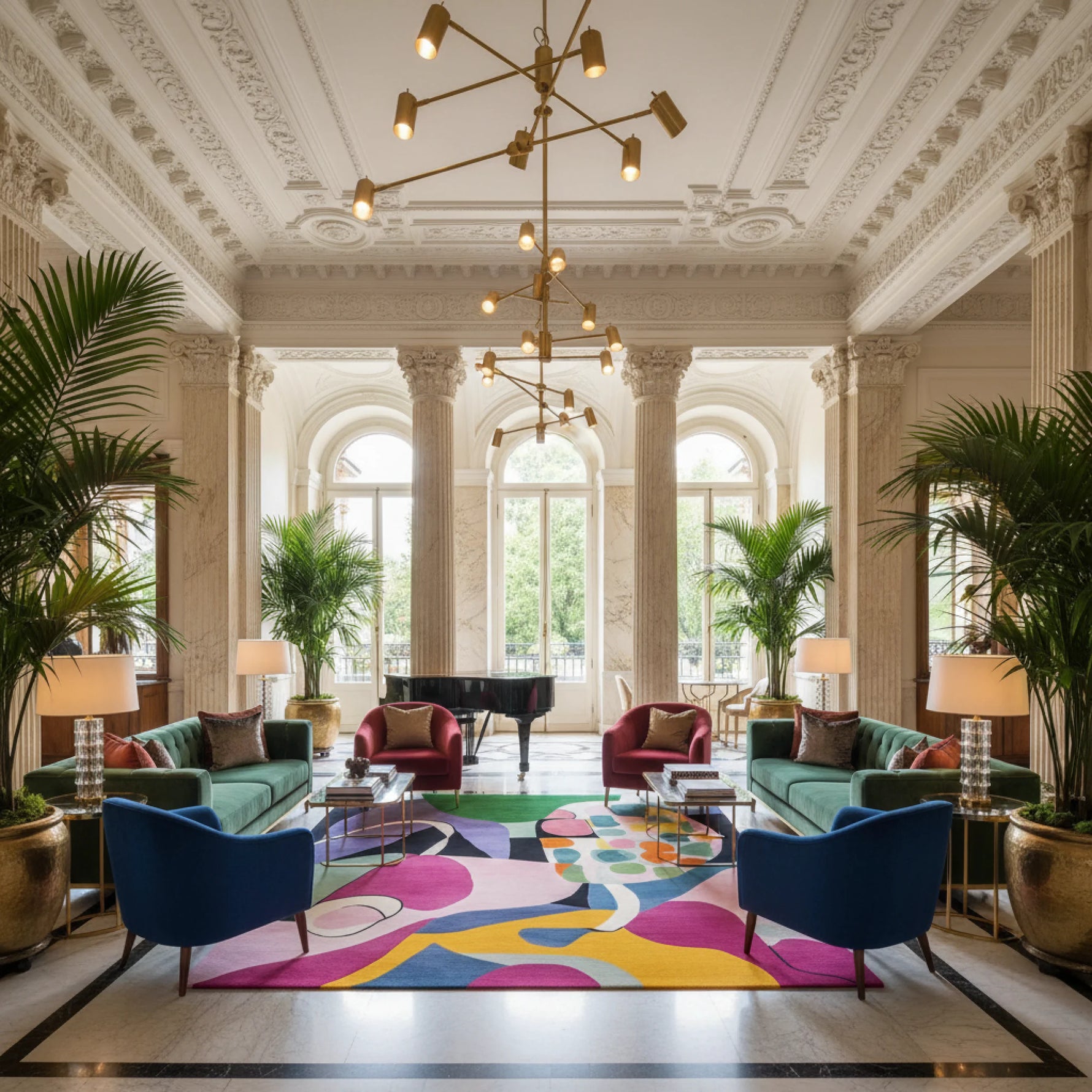 Luxurious interior of a hotel lobby with colorful rug, modern furniture, and decorative plants.