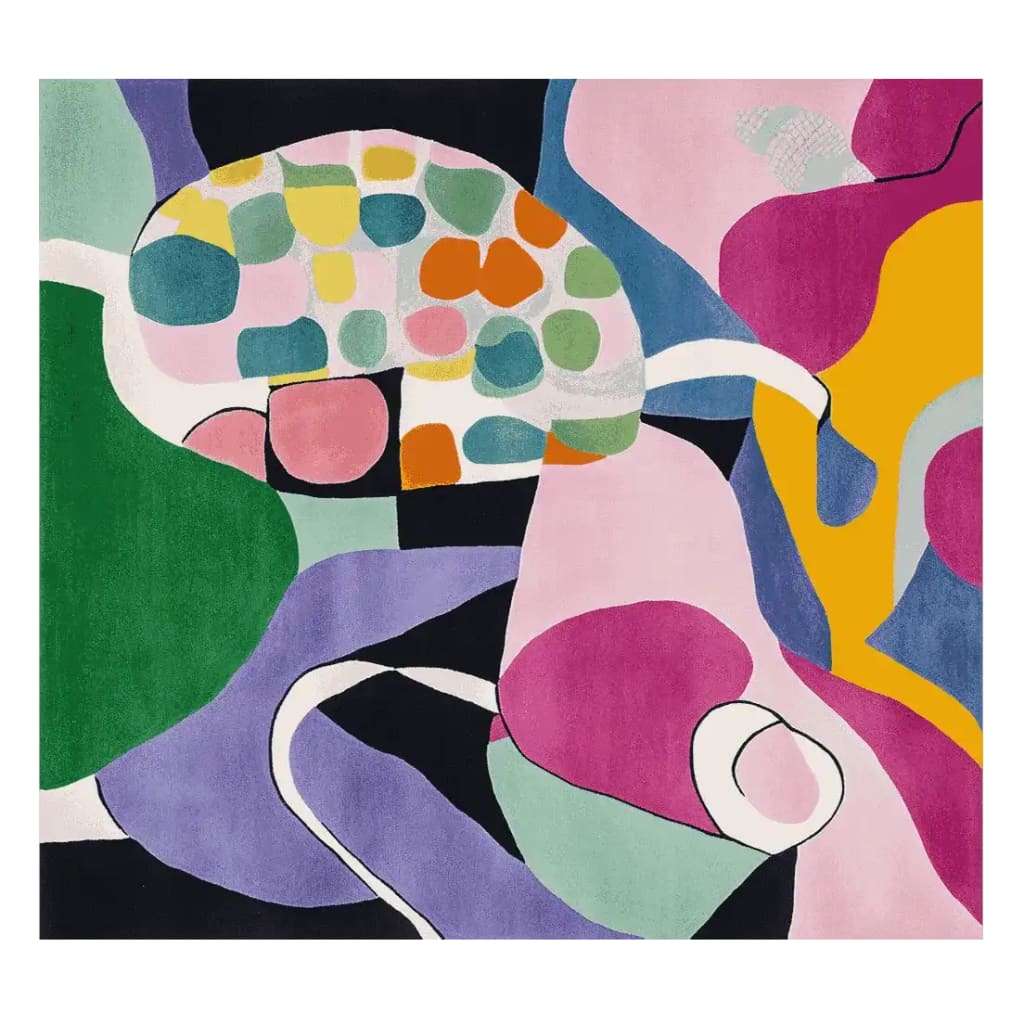 A vibrant, hand-tufted wool area rug showcasing an abstract design with bold colors including green, pink, yellow, and purple. This contemporary square rug adds a splash of color and artistic flair, perfect for living room spaces seeking a unique, modern touch.