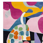 A vibrant and colorful area rug featuring an abstract design with bold hues of pink, yellow, blue, and green. This wool rug is hand-tufted and perfectly sized as a square area rug, making it an ideal choice for adding a contemporary touch to your living room. The intricate patterns and vivid colors of this living room area rug bring a modern flair to any space.