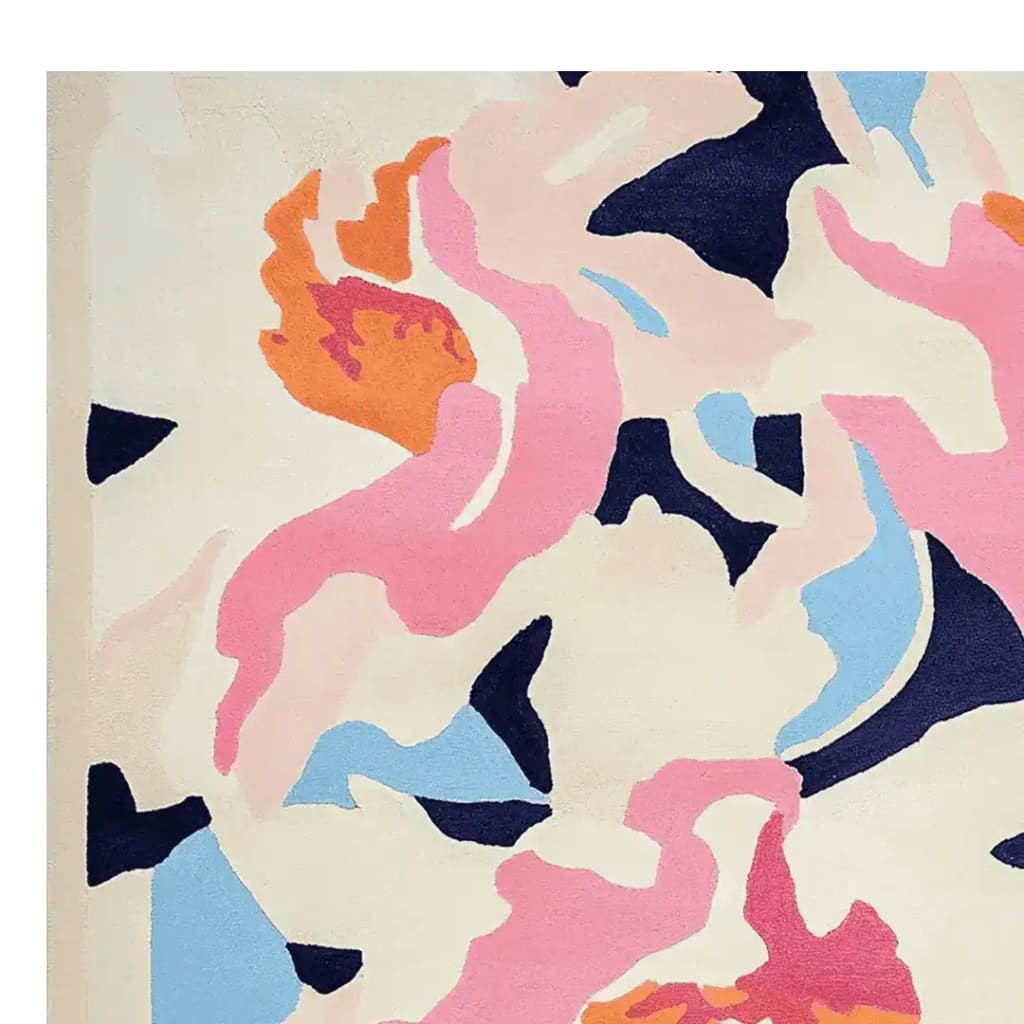 A vibrant square area rug featuring an abstract floral design in shades of pink, orange, blue, and black on a cream background. This wool rug is perfect for adding a contemporary touch to your living room decor.