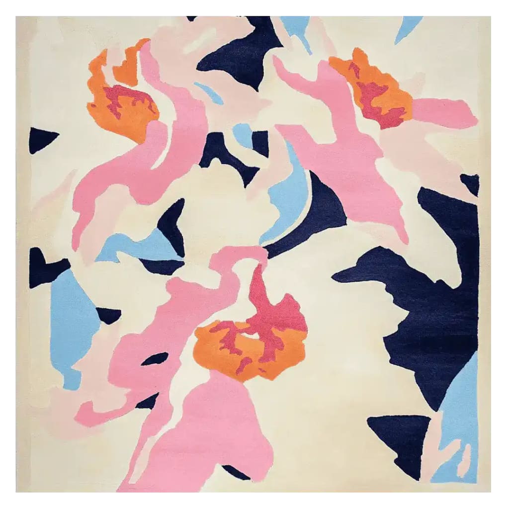 Vivid Flora Mirage Hand Tufted Area Rug featuring an abstract floral design in pink, orange, and blue hues. This wool square rug is perfect for adding a contemporary touch to living room spaces.