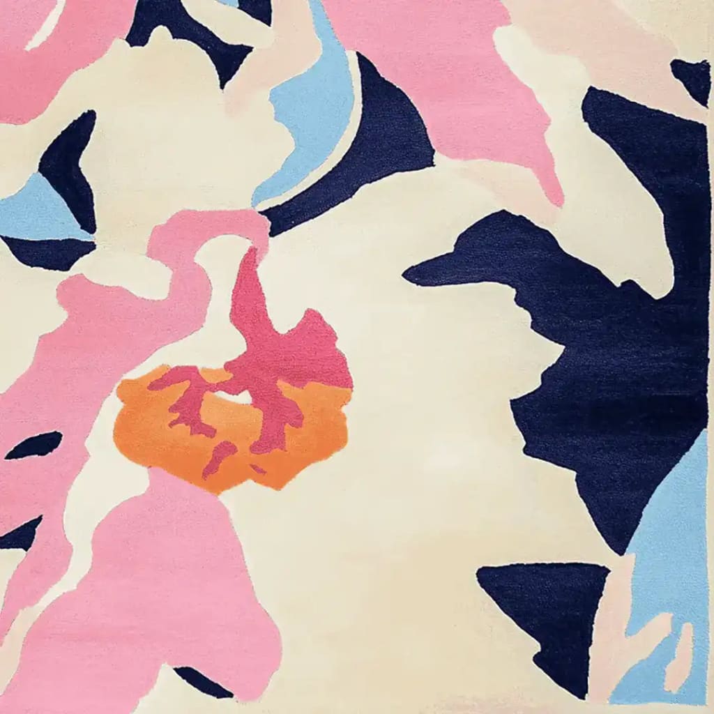 Vivid Flora Mirage Hand Tufted Area Rug with a striking abstract design in pastel hues of pink, orange, and blue. This contemporary wool rug features a square shape, perfect for adding a pop of color to living room spaces. Ideal for those seeking unique square area rugs or living room area rugs.
