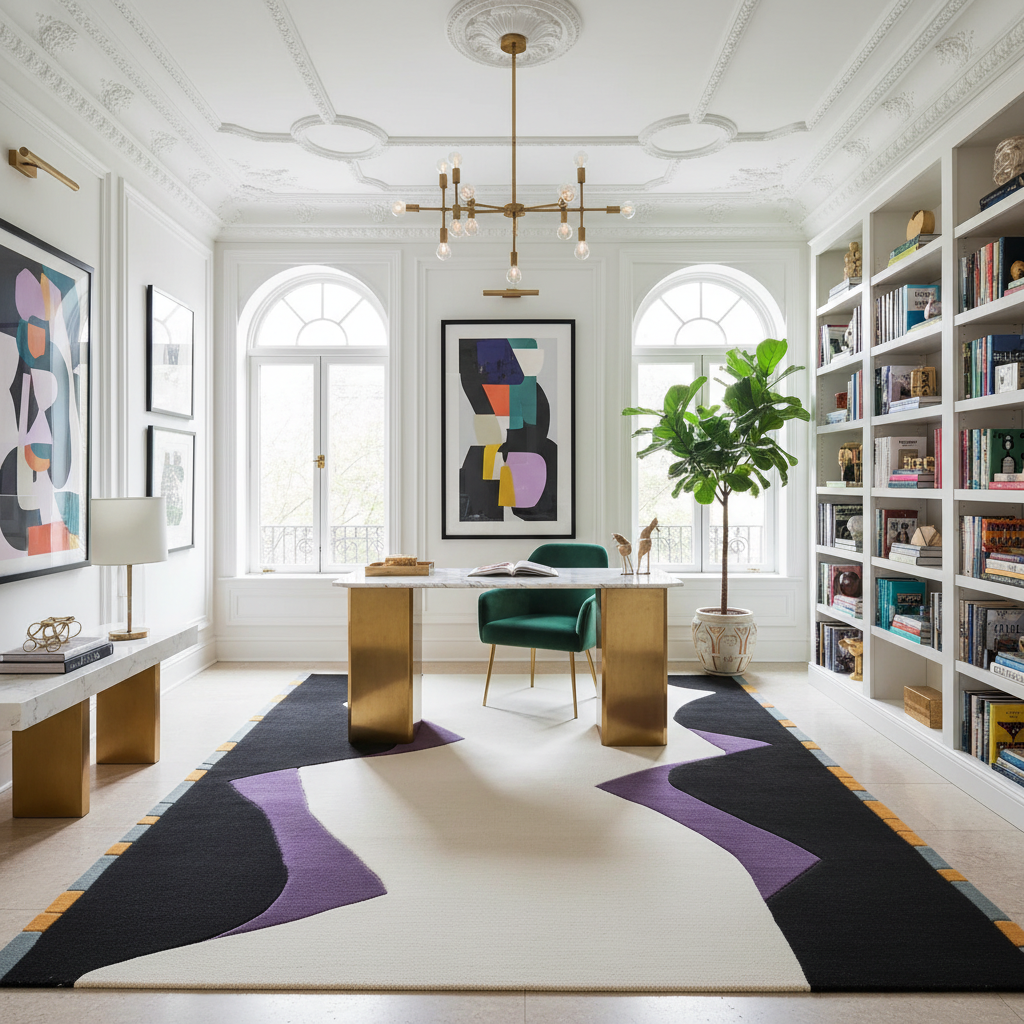 Modern office with a desk, chairs, bookshelves, a contemporary hand-tufted wool rug, and abstract art.