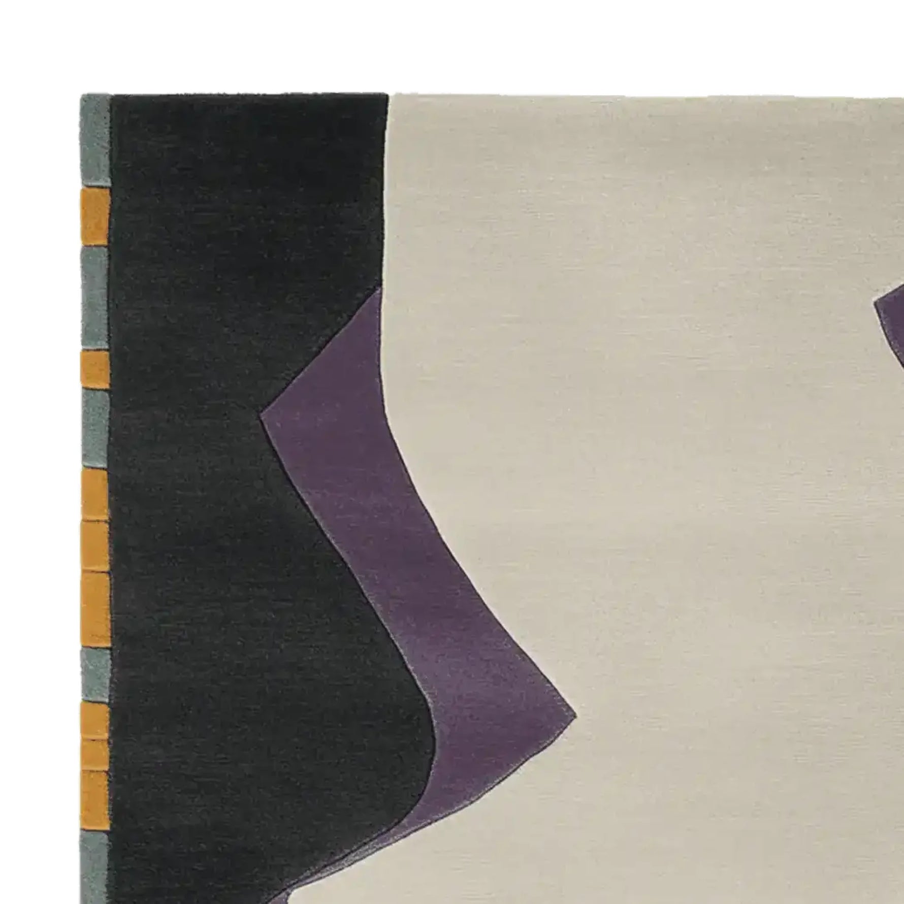 Close-up view of a contemporary wool rug featuring a vivid flow pattern. This area rug, perfect for living room spaces, showcases abstract shapes in black, purple, and cream with a touch of yellow and gray along the edge.