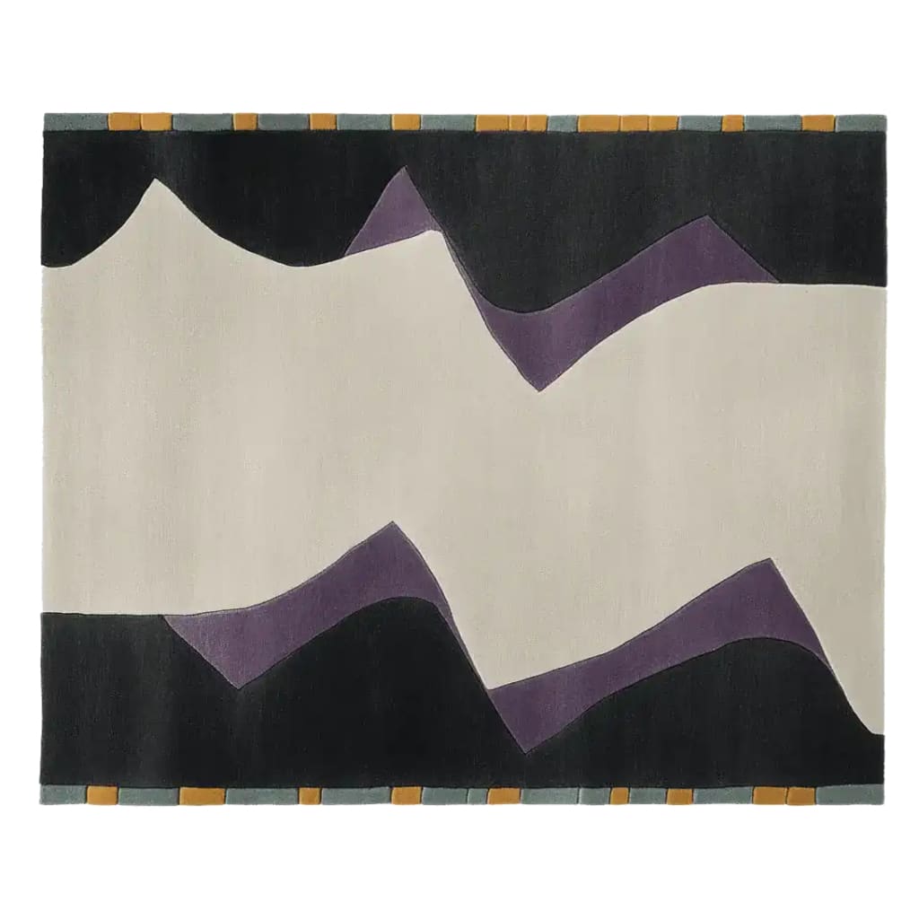 A contemporary hand-tufted area rug with a vivid flow pattern, showcasing abstract shapes in black, purple, and cream. This wool rug adds a modern touch to living room decor, perfect for those seeking stylish area rugs for the living room.