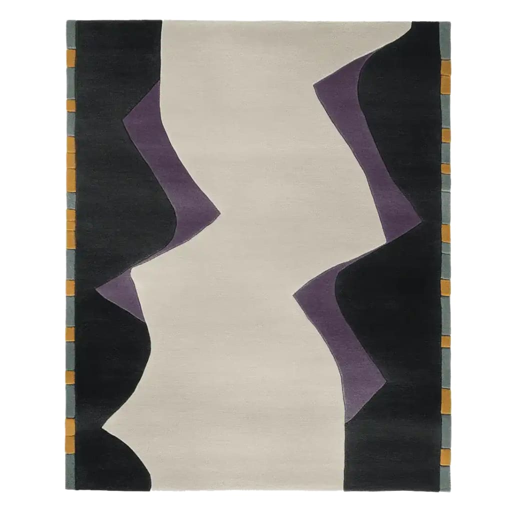 A striking hand-tufted area rug featuring a vivid flow pattern perfect for contemporary living rooms. The rug showcases an abstract design with bold black and purple waves on a neutral background, ideal for adding a modern touch to any space. Made from high-quality wool, this rug is a stylish choice for area rugs in the living room.
