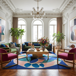 Luxurious living room with colorful rug, furniture, and decor