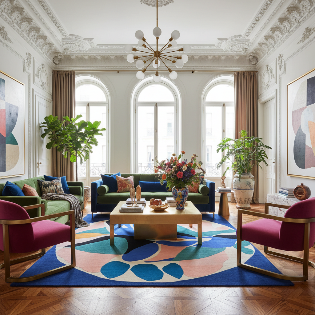 Luxurious living room with colorful rug, furniture, and decor