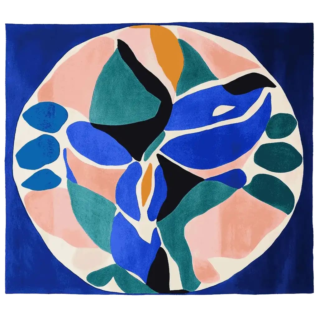 Vivid Form Tangle Hand Tufted Area Rug with an abstract design in vibrant blue, green, and peach tones. Perfect wool rug for contemporary living spaces. Ideal as an 8x10 square area rug for living room decor.