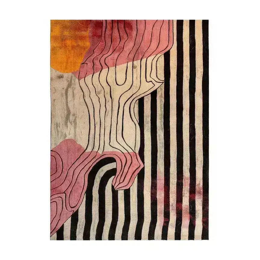 Vivid Shapes Hand Tufted Viscose Rug featuring an abstract design with bold stripes and colorful patterns. Perfect for adding a contemporary touch to your living room or bedroom, this area rug combines elegance with modern style. Ideal as a wool rug centerpiece for area rugs in living rooms or bedrooms.